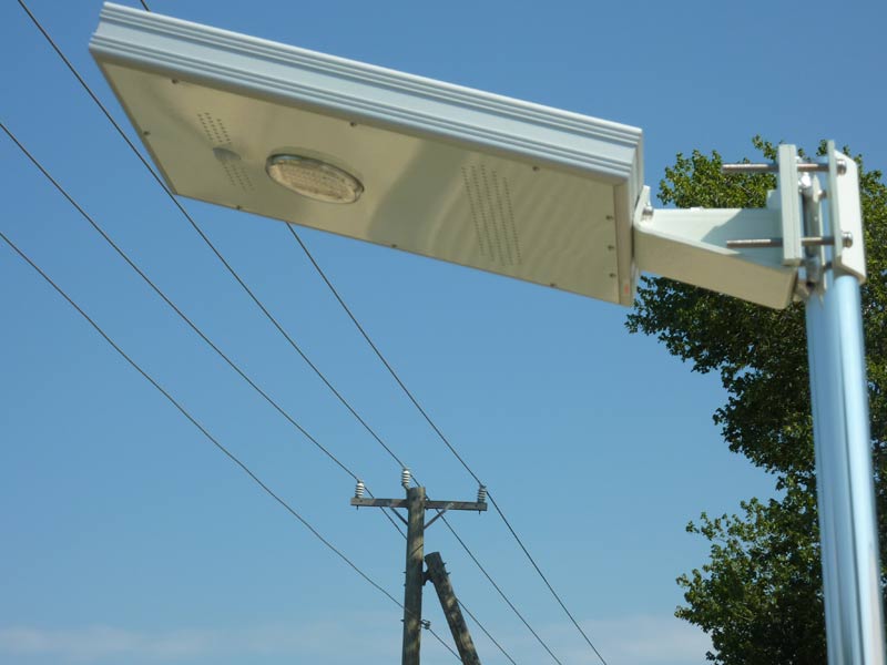 Close up view of the underside of the overhead solar dock light