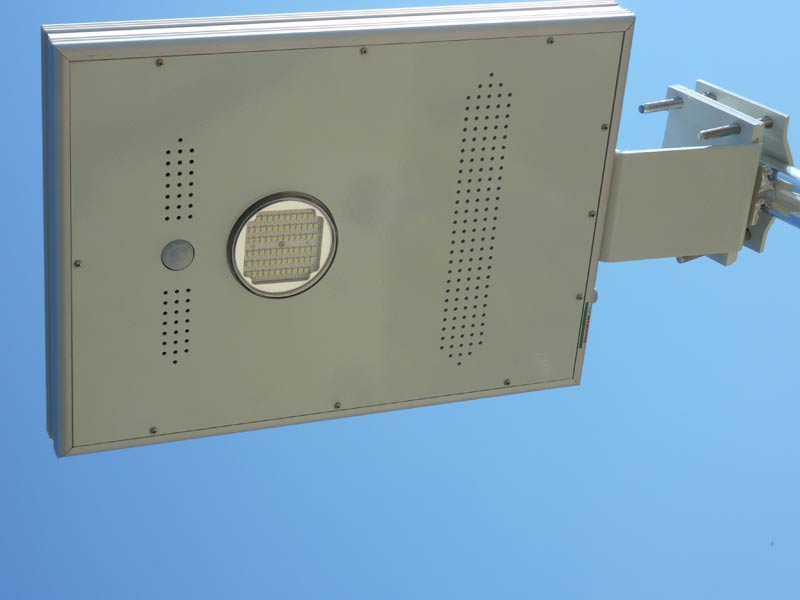 Close up view of the underside of the overhead solar dock light
