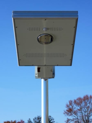 Close up view of the overhead solar dock light, looking up